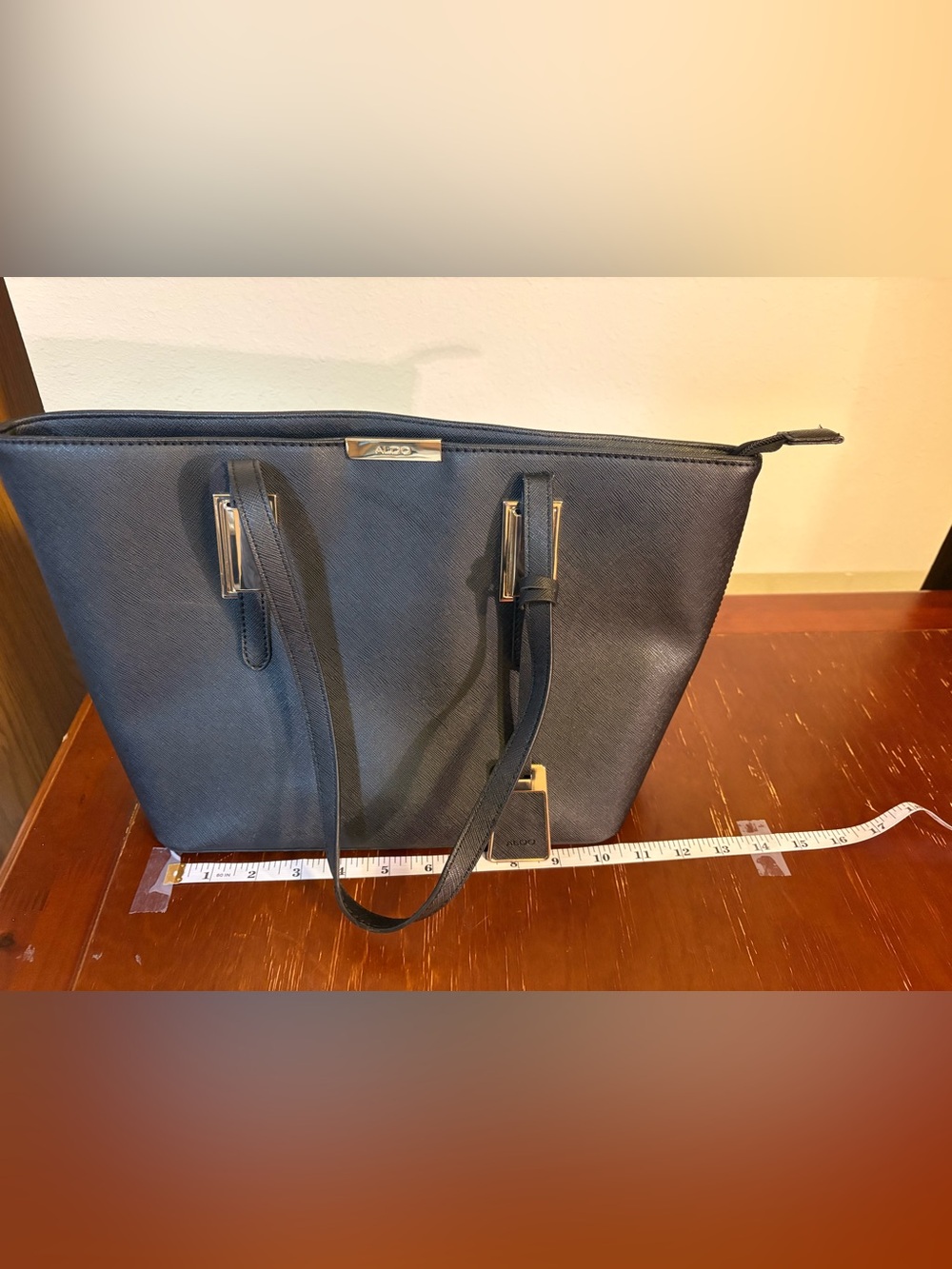 Aldo Navy Saffiano-Texture Tote with Gold Accents